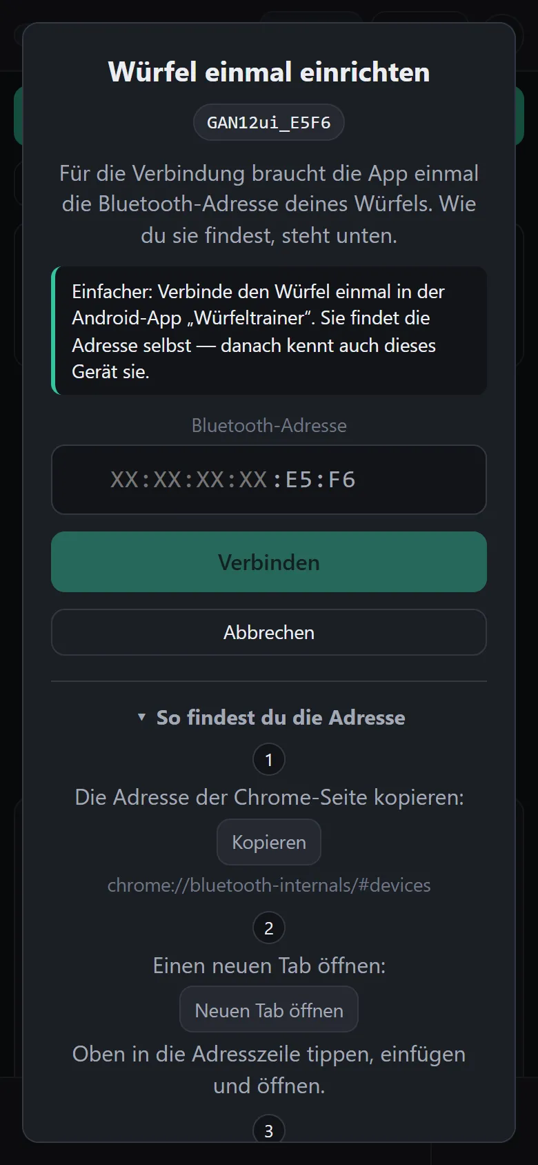 Dialog for entering the MAC address with instructions